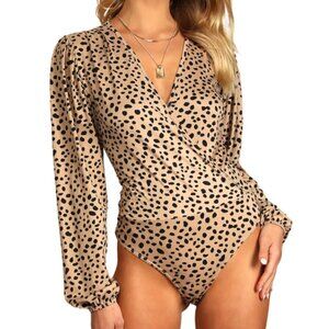 Lulus Tan Cheetah Print Balloon Sleeve Surplice Neckline Fitted Bodice Bodysuit
